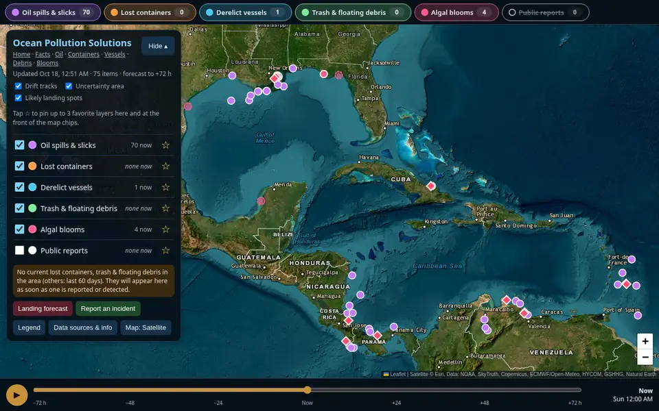 The map zoomed to the Gulf of Mexico and the Caribbean, with the layer panel, category chips and the 72-hour time slider.